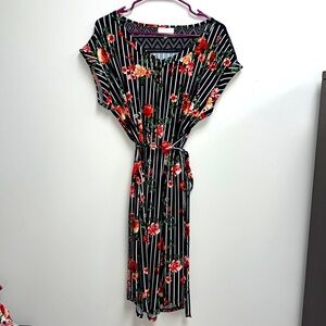Women’s Floral Rose Print Navy Pinstripe Lace Backed Belted Striped Dress Sz.XL